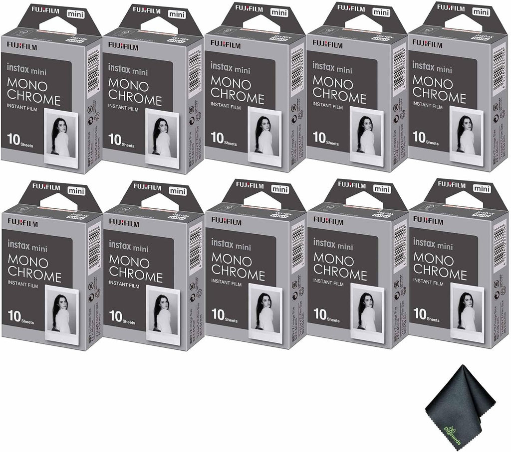 FUJIFILM INSTAX MINI Monochrome Instant Film (100 Exposures) Bundle with Microfiber Cleaning Cloth