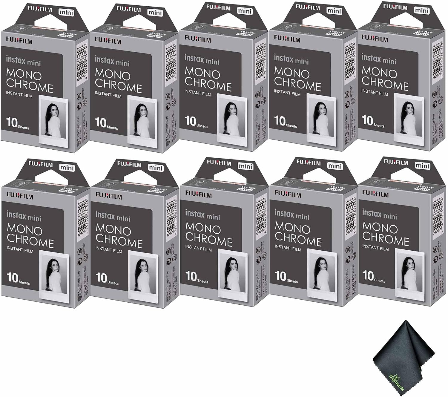 FUJIFILM INSTAX MINI Monochrome Instant Film (100 Exposures) Bundle with Microfiber Cleaning Cloth