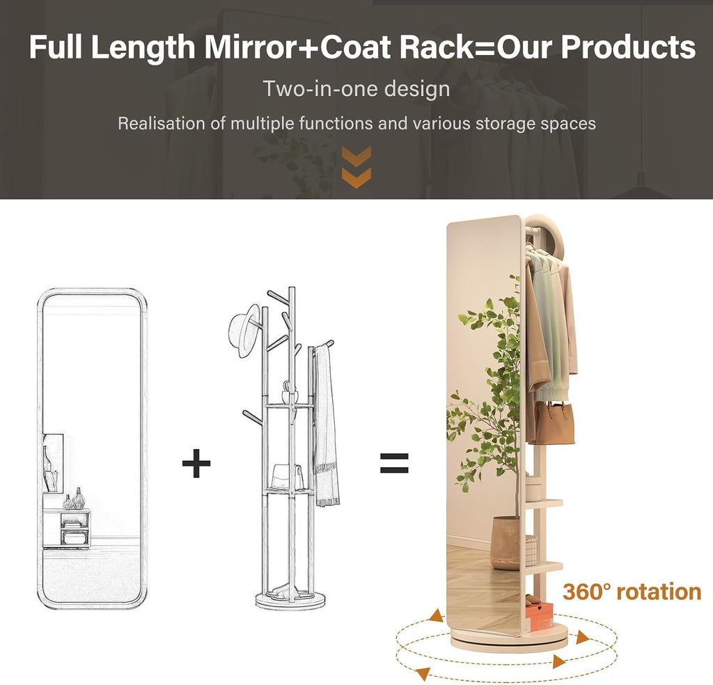 BOWEI Solid Wooden Coat Rack, Free Standing Coat Stand with Full Length mirror, Hall Coat Tree with Hooks and Storage Shelf for Coats, Hats, Bags, for Entryway, Hallway, Bedroom (White)