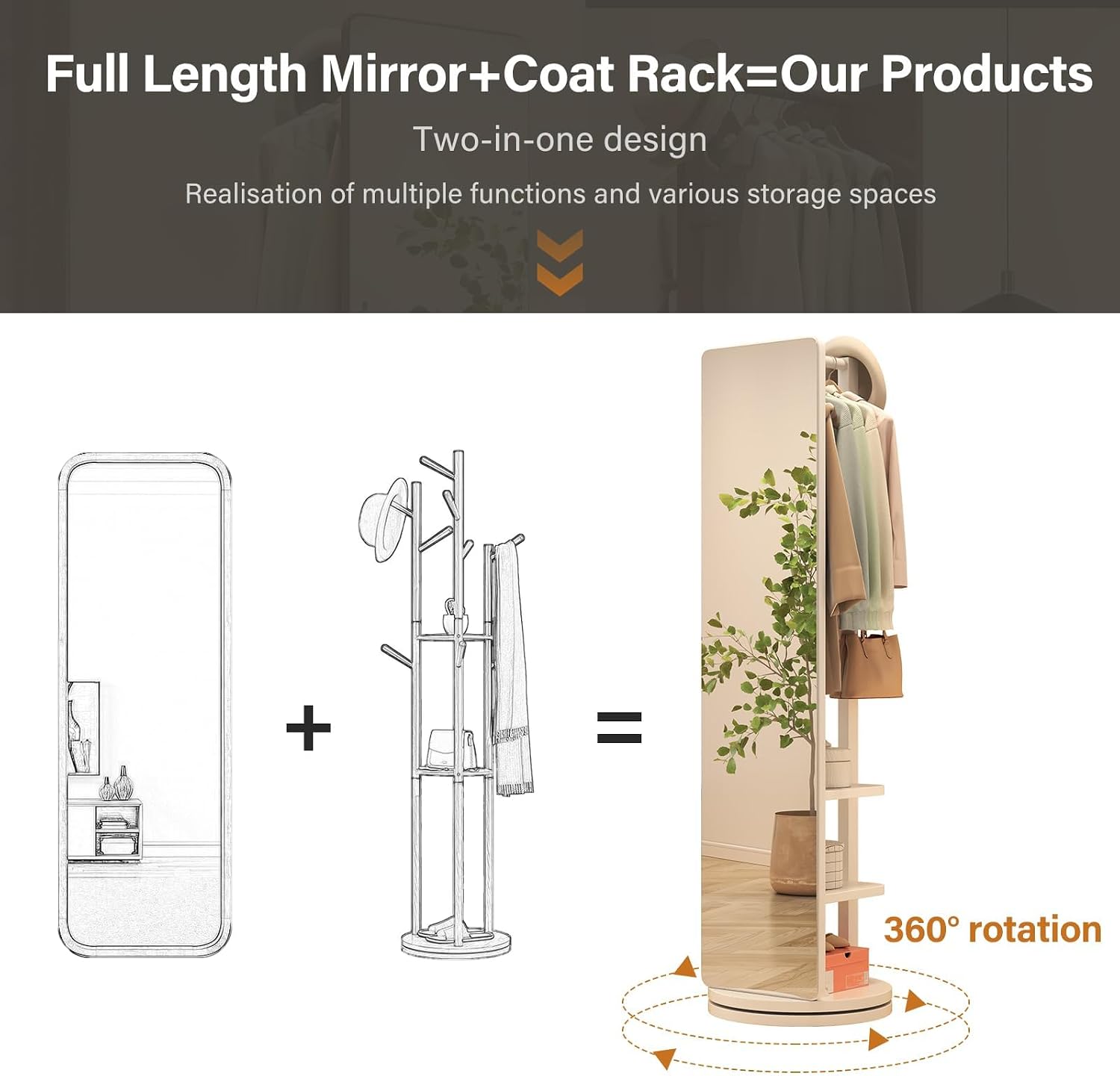 BOWEI Solid Wooden Coat Rack, Free Standing Coat Stand with Full Length mirror, Hall Coat Tree with Hooks and Storage Shelf for Coats, Hats, Bags, for Entryway, Hallway, Bedroom (White)