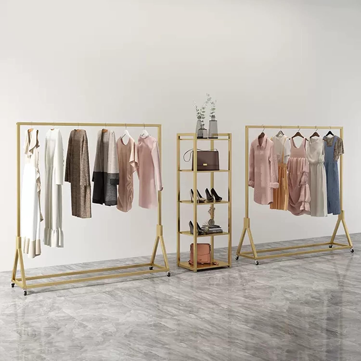 Garment Rack Heavy Duty Clothing Rack for Hanging Clothes Gold Metal Clothes Rail On Wheels Clothing Store Display Rack Easy to Assemble Coat Rack for Bedroom and Living Room