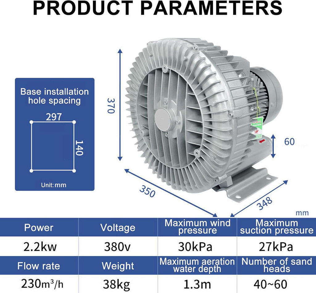 Industrial Vacuum Pump for Factory Dust Removal, 220V/380V Regenerative Vortex Blower, 2.2KW High-Efficiency Ventilation System, Heavy-Duty Air Blower