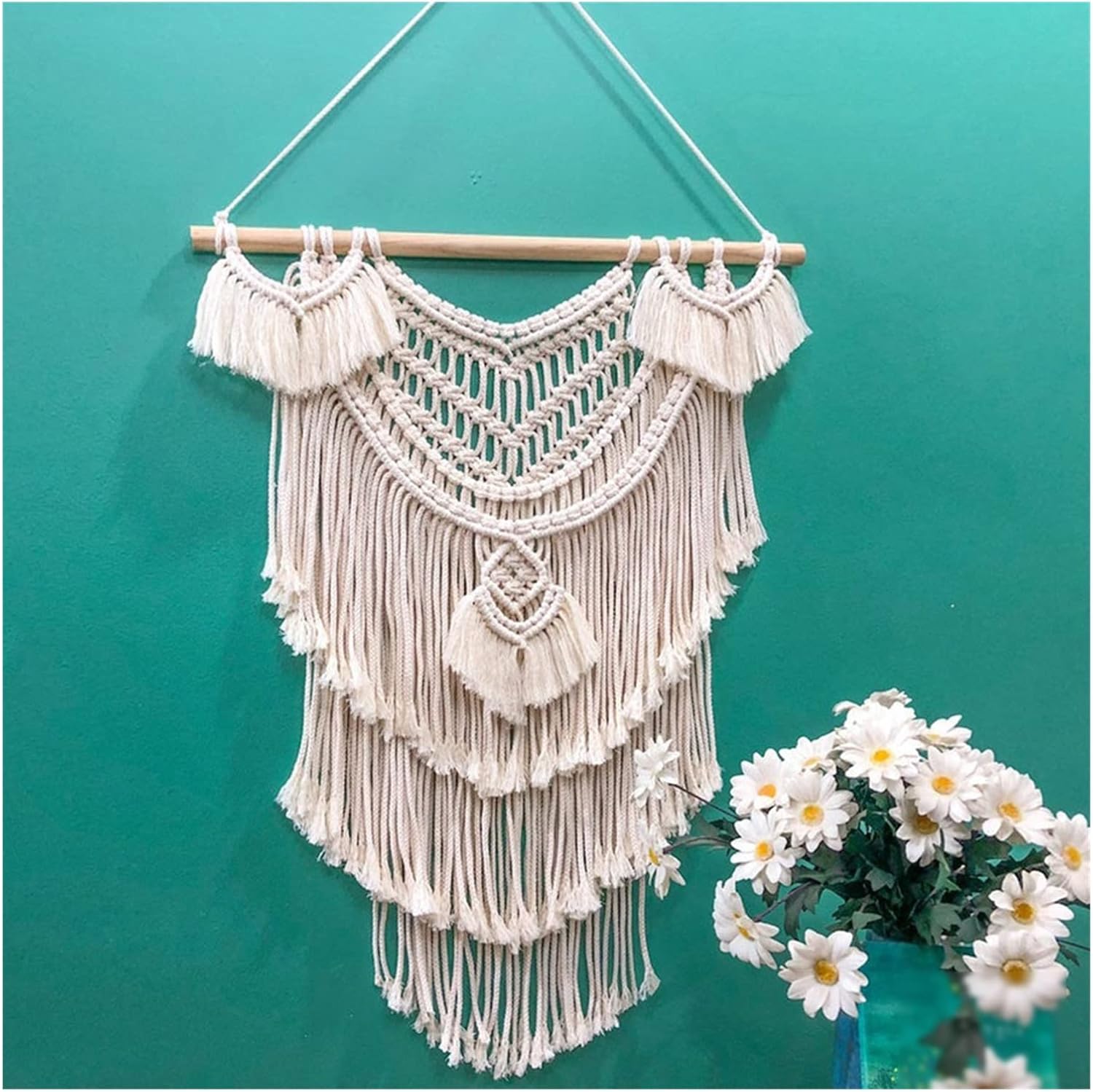 Tapestry Macrame Wall Hanging Tapestry Hand-Woven Pendant Chic Bohemian Woven Home Tapestry Wall Decor (Beige 55x75cm)