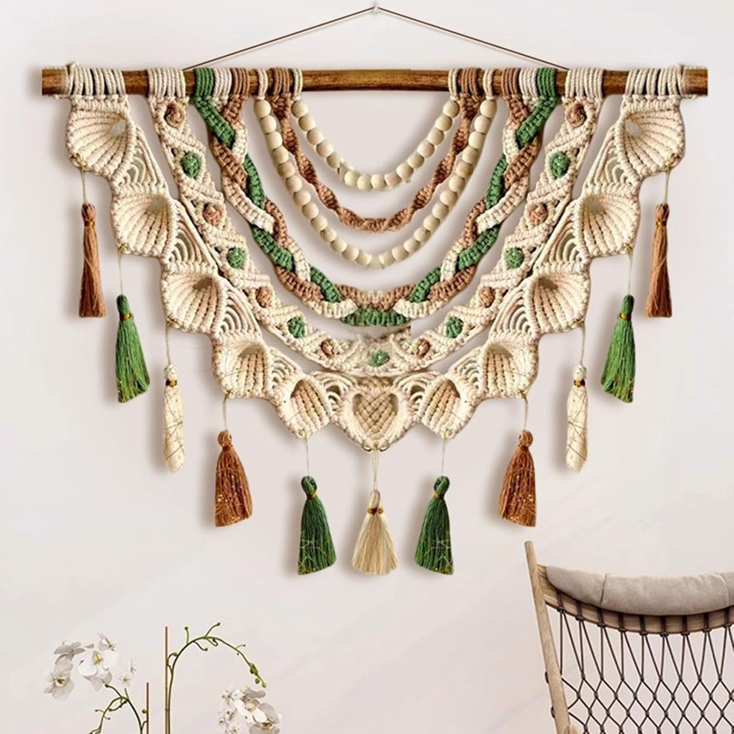 Macrame Wall Hanging Boho Macrame Wall Hanging, Handmade Woven Tapestry with Wooden Beads & Tassels, Home Decor for Bedroom Living Room Dorm(Green,80x60cm/31.5x23.6in)