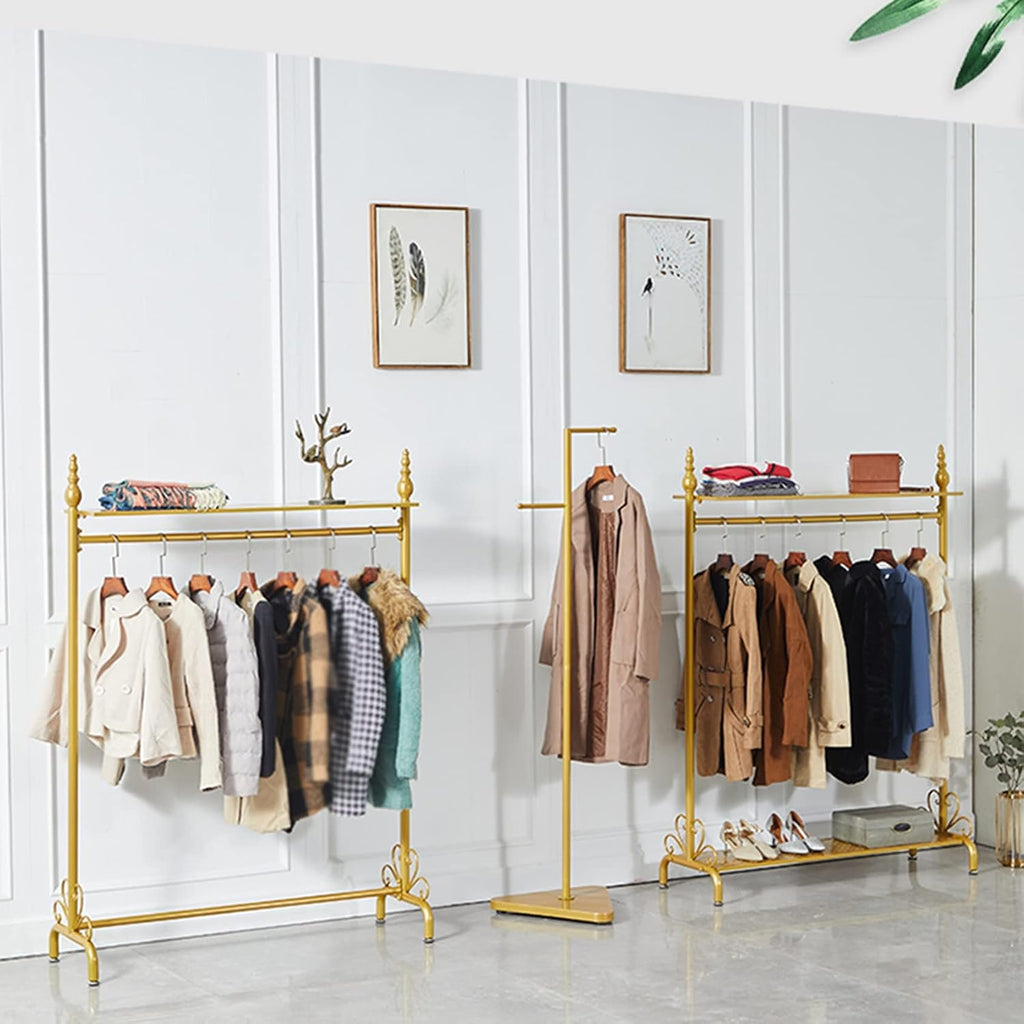 Display Clothing Garment Rack,Drying Clothing Metal Heavy Duty Organizer Storage Shelf Standing Metal Sturdy Hanger with Top Rod and Storage,for Hanging Clothes,Gold,A,80 * 40 * 165Cm