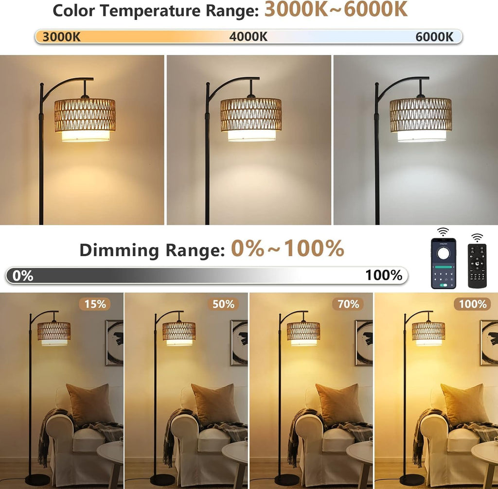 Arc Floor Lamp for Living Room with 3 Color Temperatures, Floor Lamps with Remote Dimmable Bulb, Boho Standing Lamp with Rattan Fabric Shades, Adjustable Tall Lamp for Bedroom, Office