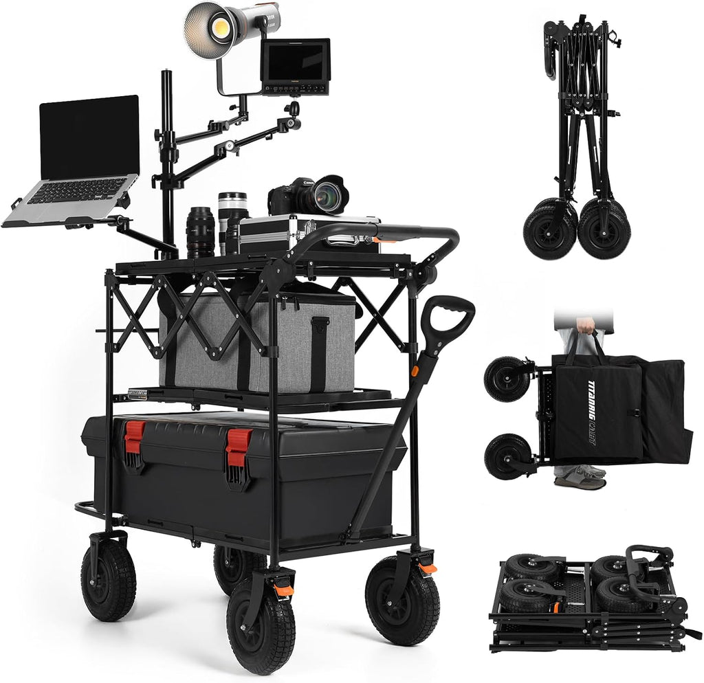 TARION Video Production Camera Cart - Heavy Duty 440lb Load Capacity Cine Dolly - Foldable 3 Tray Mobile Workstation - 9 Inch Swivel Wheels - Titanrig Cart