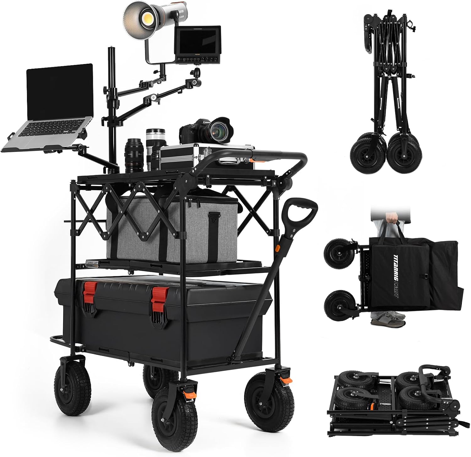 TARION Video Production Camera Cart - Heavy Duty 440lb Load Capacity Cine Dolly - Foldable 3 Tray Mobile Workstation - 9 Inch Swivel Wheels - Titanrig Cart