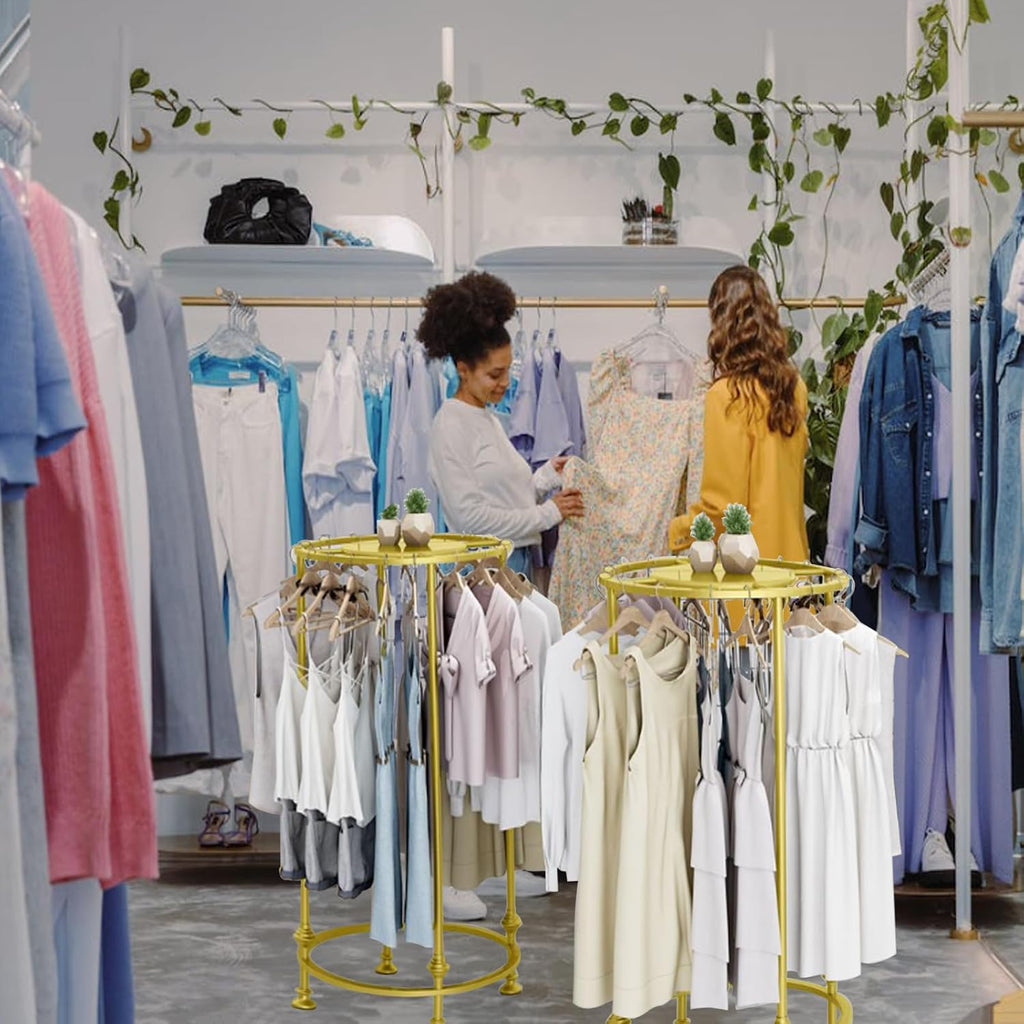 Freestanding Round Garment Display Retail Rack, Floor-Standing Double Space Multi-Purpose Metal Shelf for Clothes Storage, Commercial Clothing Organizer in Retail Boutiques and Bedroom