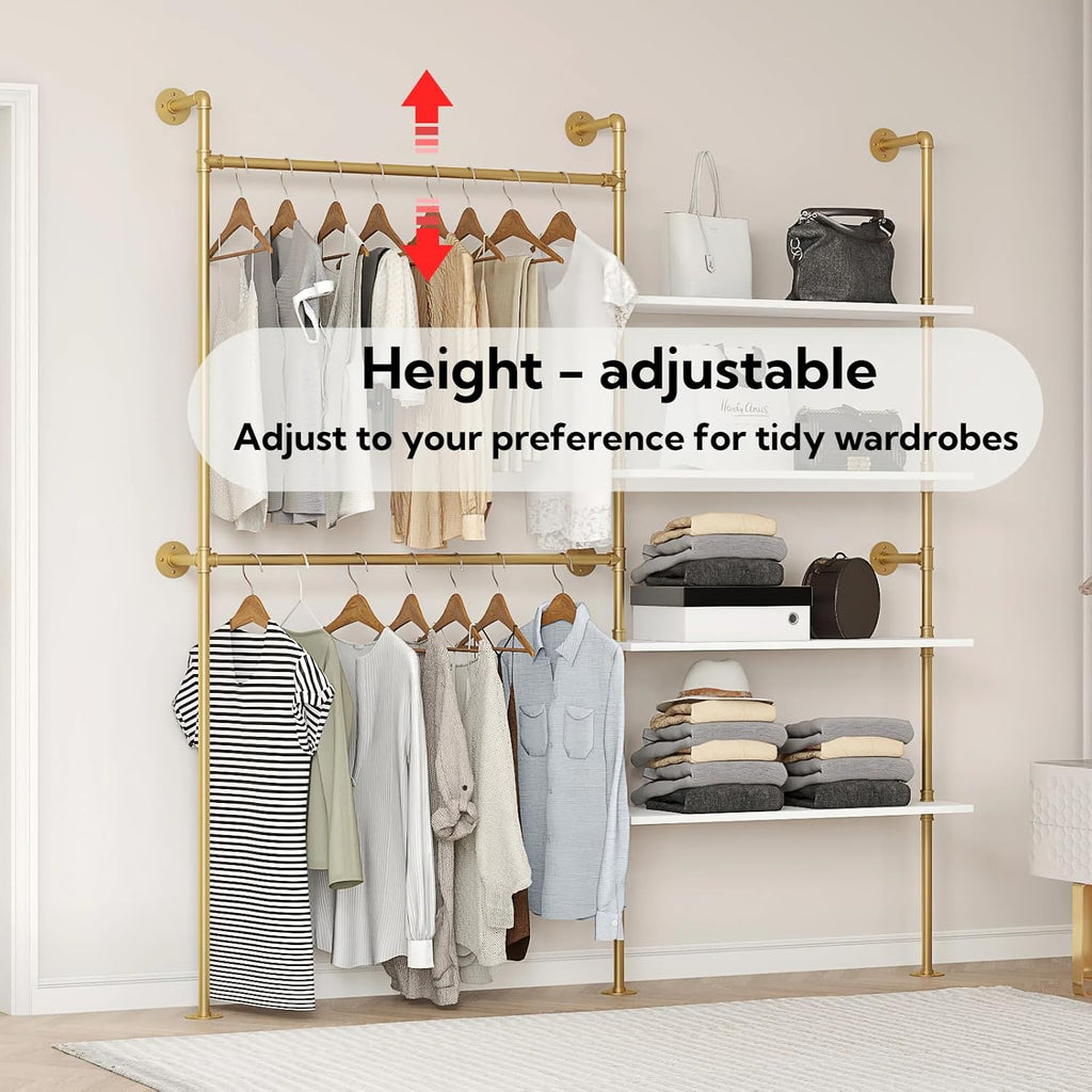 Industrial Pipe Clothing Rack Wall Mounted Heavy Duty, Space Saving Garment Hanger System for Wardrobe/Walk-in Closet, Gold
