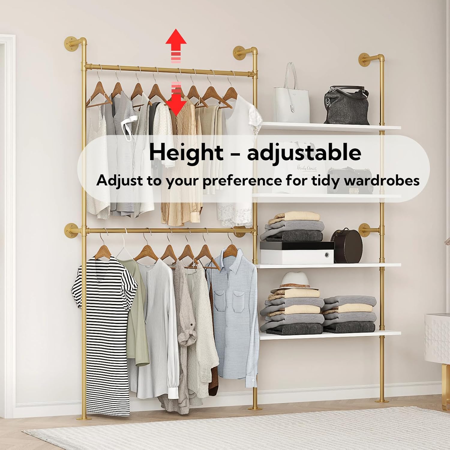 Industrial Pipe Clothing Rack Wall Mounted Heavy Duty, Space Saving Garment Hanger System for Wardrobe/Walk-in Closet, Gold
