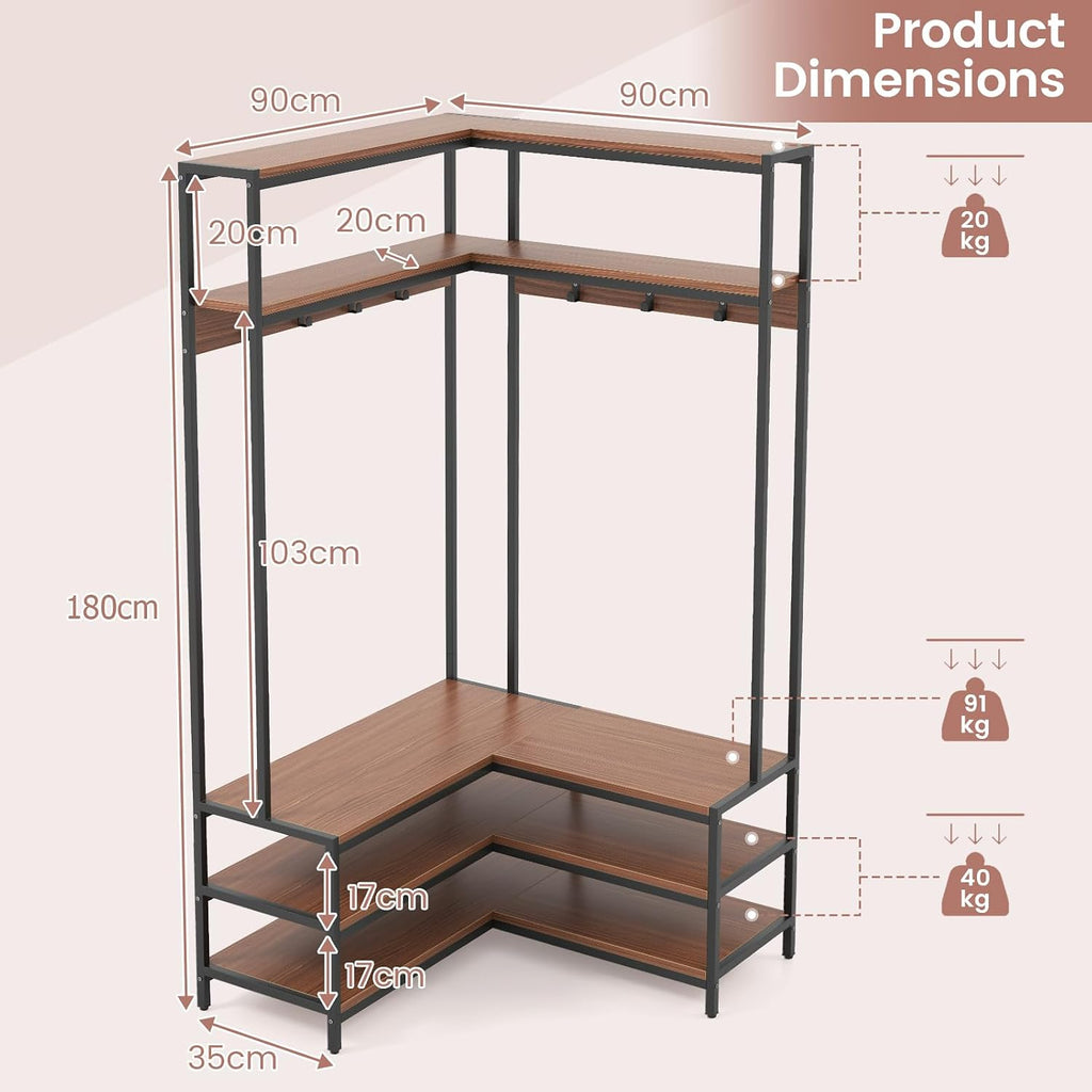 Multigot L-shaped Clothes Rack, Freestanding Corner Garment Rack Hall Tree with Shoe Storage Bench, Shelves and 7 Hooks, Metal Frame Coat Rack Stand Closet Storage Organizer (Walnut+Black)