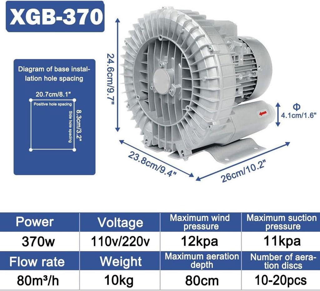 Single-phase radial fan gas ring turbine, regenerative blower, single-phase gas ring compressor, gas ring turbine side channel compressor 120W-2200W, for wastewater aeration aquarium,370W/0.50HP