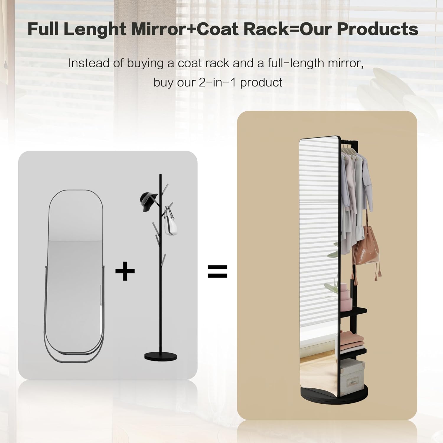 BOWEI Solid Wooden Mirror Coat Rack, Full Length Mirror with Coat Rack, Hall Coat Tree with Hooks and Storage Shelf for Coats, Hats, Bags, for Entryway, Hallway, Bedroom (Black)