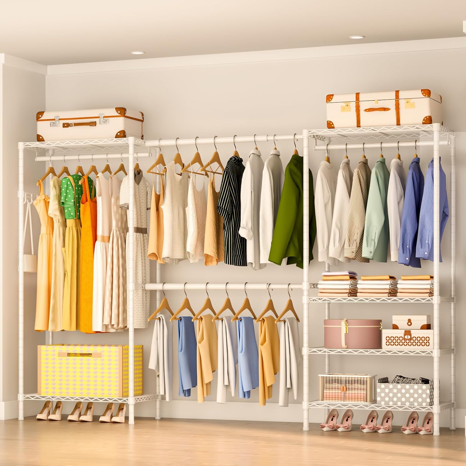 Heavy Duty Garment Rack, Portable Expandable Freestanding 4 Tiers Adjustable Wire Shelves Clothes Rack with 2 Retractable Poles, 70.9-86.6' L x 15.7' W x 76.8' H, Max Load 900LBS, White