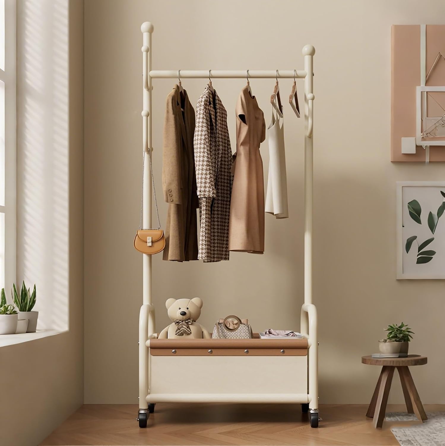 Metal Rolling Clothing Rack with Storage Basket & Side Hooks, Freestanding Garment Rack on Wheels,Portable clothes racks for Bedroom, Entryway, Small Space Organizer(White,80cm(31.5in))