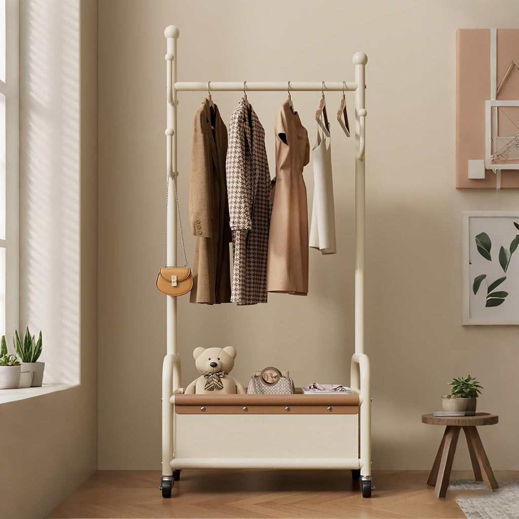 Metal Rolling Clothing Rack with Storage Basket & Side Hooks, Freestanding Garment Rack on Wheels,Portable clothes racks for Bedroom, Entryway, Small Space Organizer(White,60cm(23.6in))