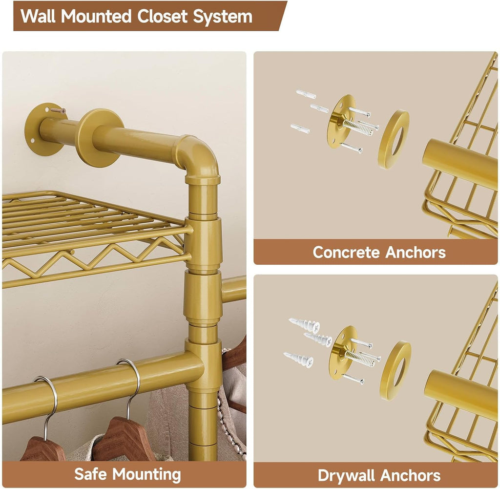 ComfyCorner Wall Mounted Garment Rack, Industrial Pipe Metal Clothing Rack with 6 Hanging Rods (4 Expandable) & 8 Shelves, Closet Organizers and Storage System for Bedroom, Walk in Closet