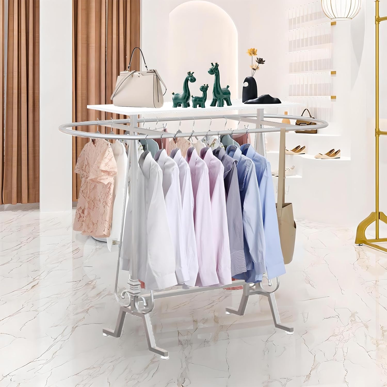 Round Clothing Rack, Commercial Floor Standing Clothes Hanging Rack, for Bedrooms Oval Iron Hanging Apparel, Boutiques Display, Laundry Room (White)