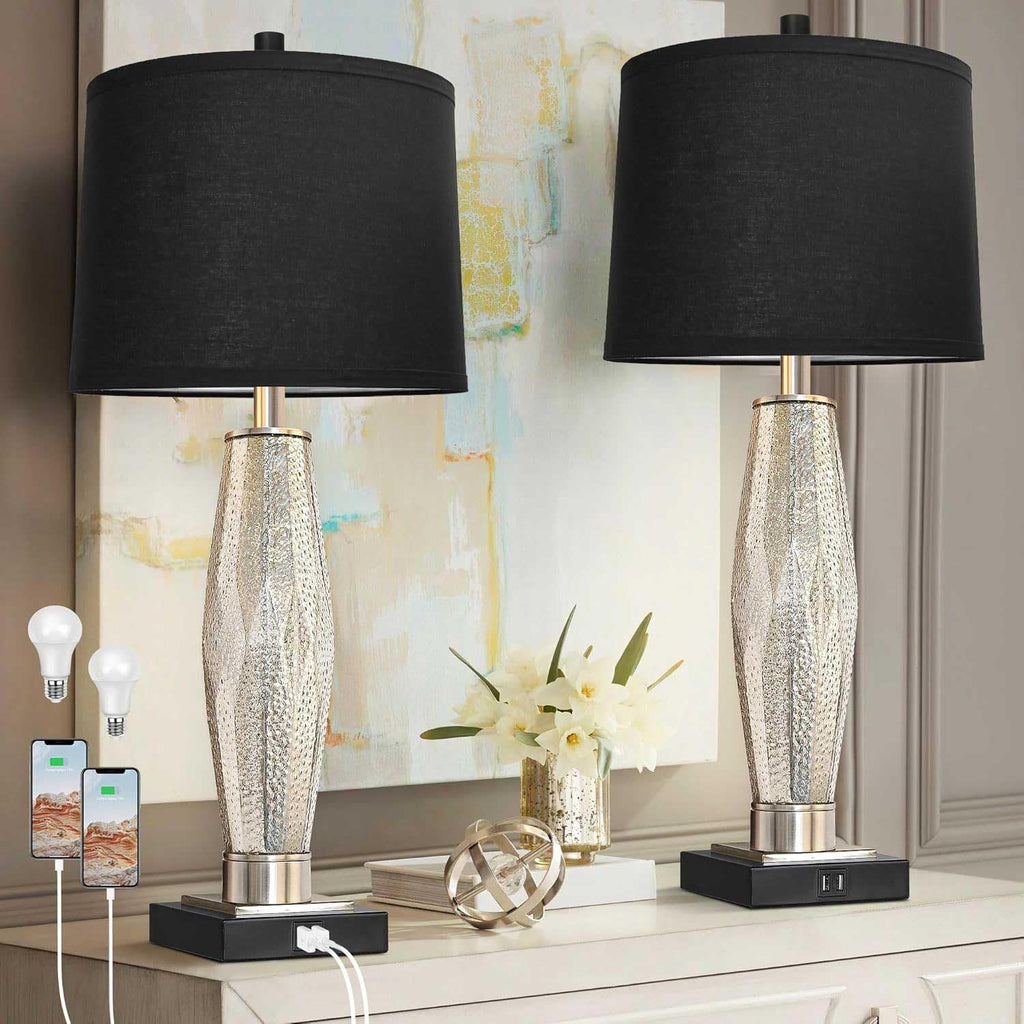 Table Lamps Set of 2, Modern Bedroom Lamps with USB A+C Charging Ports, 3-Color Temperature Bedside Lamps with LED Bulbs, Glass & Metal Nightstand Lamps with Black Fabric Shade for Living Room