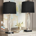 Table Lamps Set of 2, Modern Bedroom Lamps with USB A+C Charging Ports, 3-Color Temperature Bedside Lamps with LED Bulbs, Glass & Metal Nightstand Lamps with Black Fabric Shade for Living Room