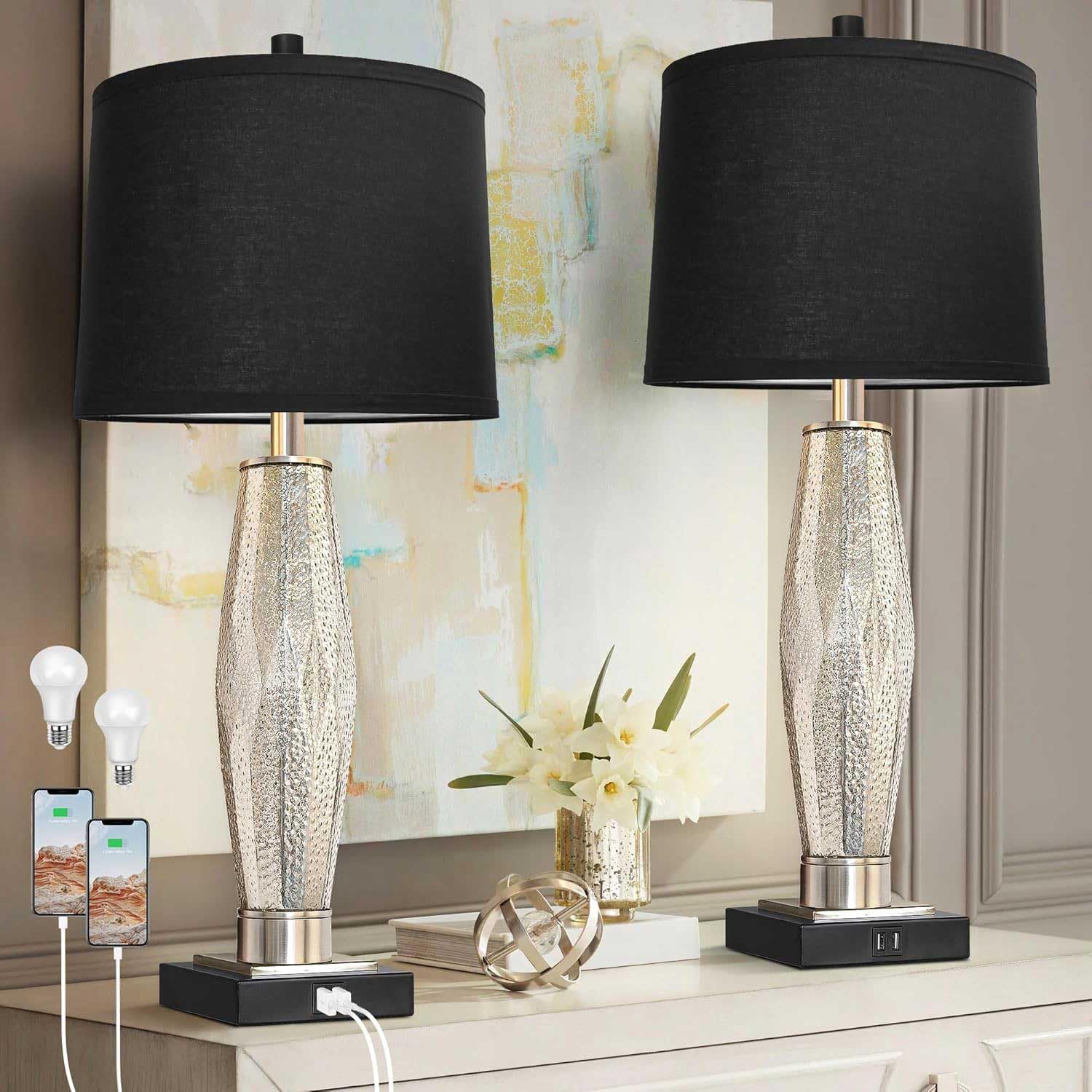 Table Lamps Set of 2, Modern Bedroom Lamps with USB A+C Charging Ports, 3-Color Temperature Bedside Lamps with LED Bulbs, Glass & Metal Nightstand Lamps with Black Fabric Shade for Living Room