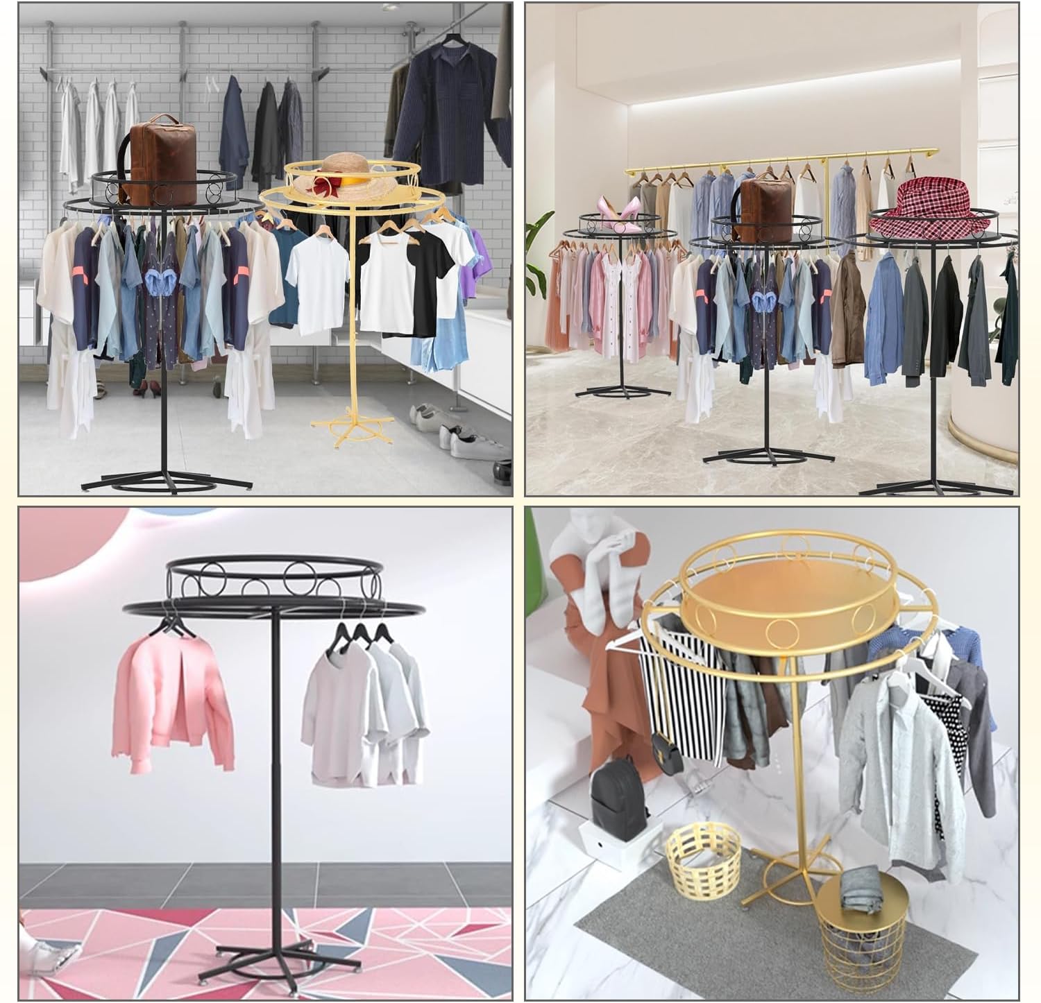 Floor-Standing Rotatable Clothing Rack, Multi-Functional Commercial Round Garment Racks for Hanging Clothes, Clothing Organize Rack for Commercial Retail,Gold,Width 23.6in