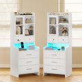 ADORNEVE White Nightstand Set of 2 with Charging Station,49.2' LED Night Stand for Bedroom,Tall Bedside Table with Bookshelf and Drawers,Side Tables Bedroom
