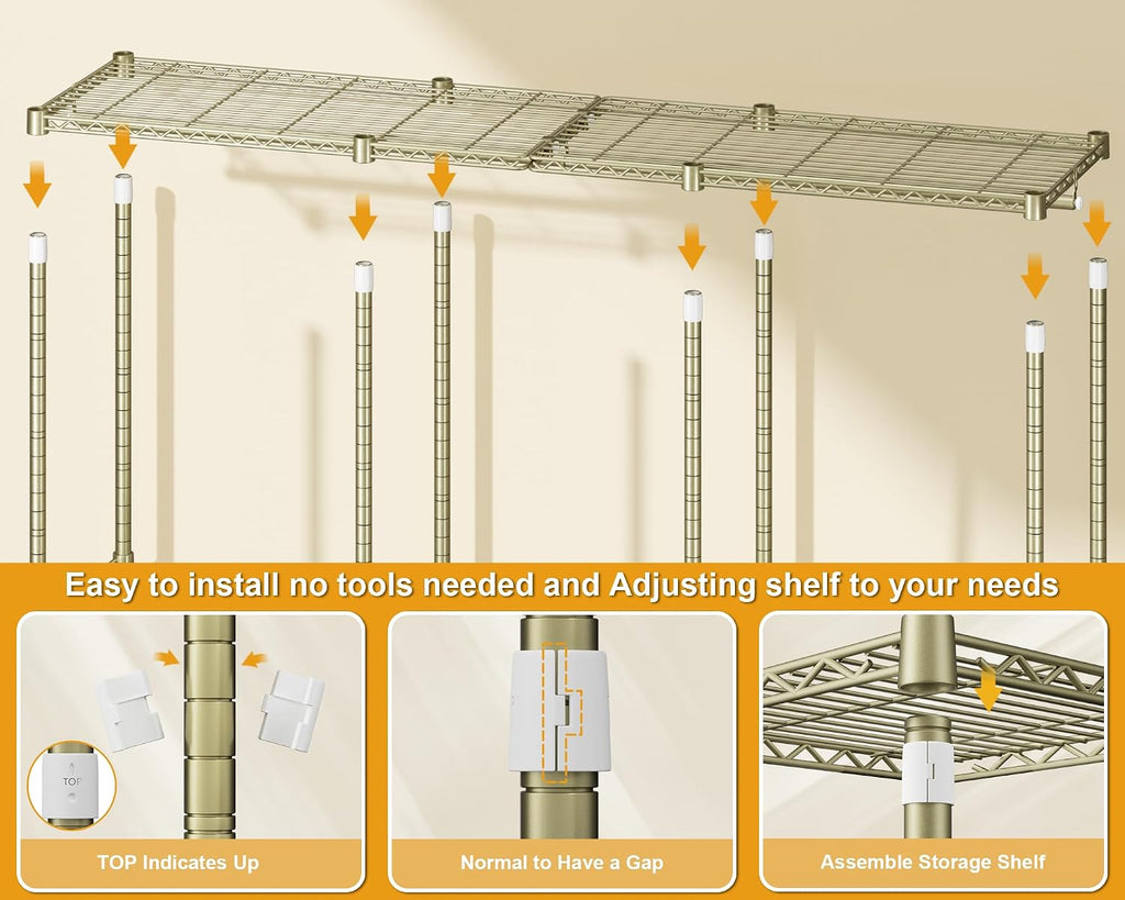 ULIFHOME E14 Pro Heavy Duty Clothes Rack，Freestanding Clothing Racks for Hanging Clothes，Adjustable Closet Organizers and Storage，Metal Garment Rack with Shelves 69'W x16'D x77'H，Max Load 960LBS，Gold