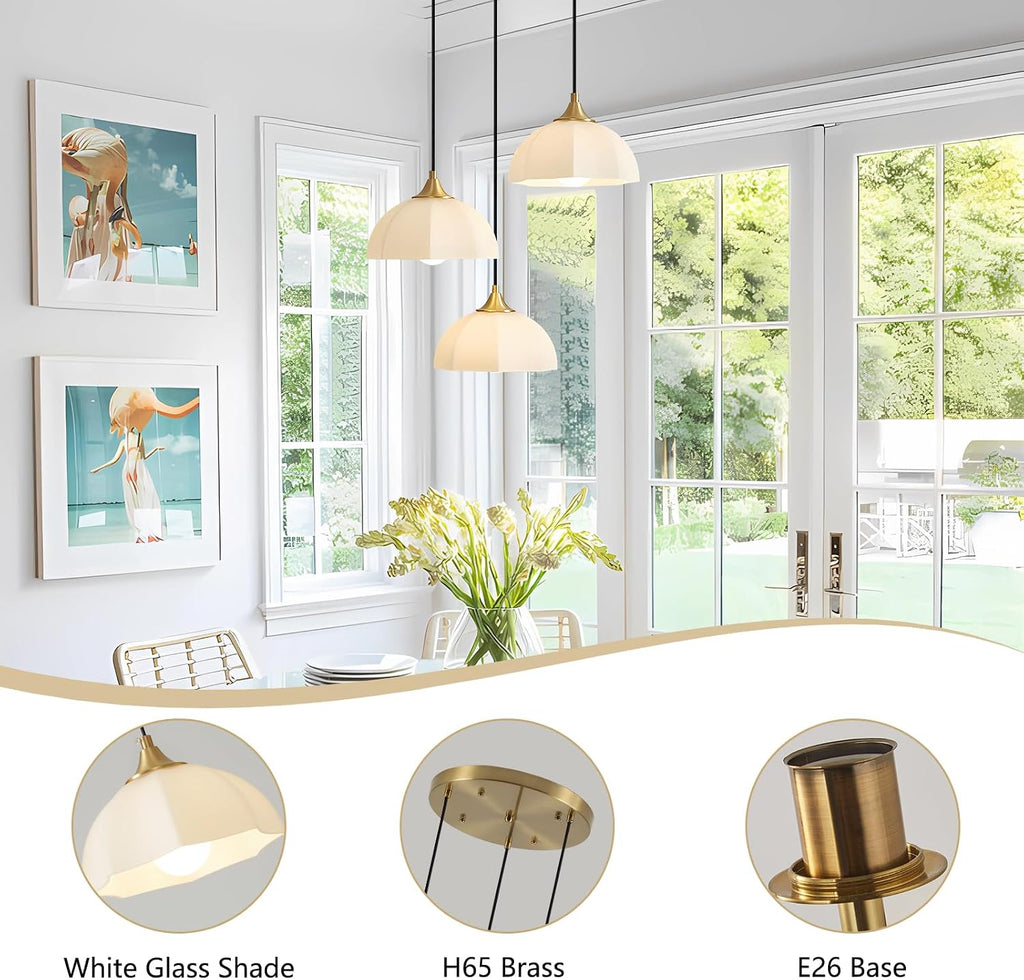 3 Lihgt Minimalist Style Ceiling Hanging Lamp 7.8' White Dome Glass Lampshade Brass Finish Ceiling Light Nordic Retro Pendant Light for Kitchen Island Bedroom Bedside