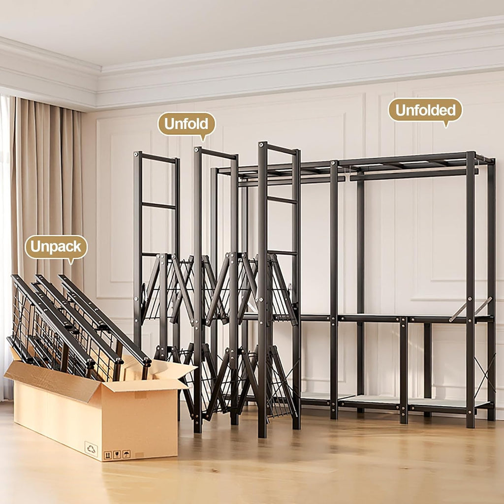 Heavy Duty Clothes Rack, Metal Garment Rack Closet For Bedroom, Foldable Wardrobe Closet Covered, Freestanding Closet For Bedroom For Hanging Clothes(B,145cm/57.1in)