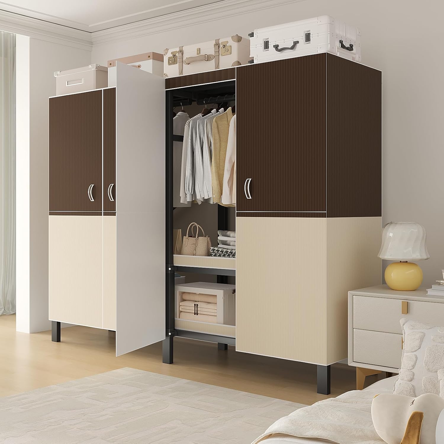 Heavy Duty Portable Closet Wardrobe, Garment Rack with Cover & Hanging Rods, Freestanding Wardrobe with Magnetic Door, Metal Closet Rack for Hanging Clothes (Door Design B, 70.9''/180cm)