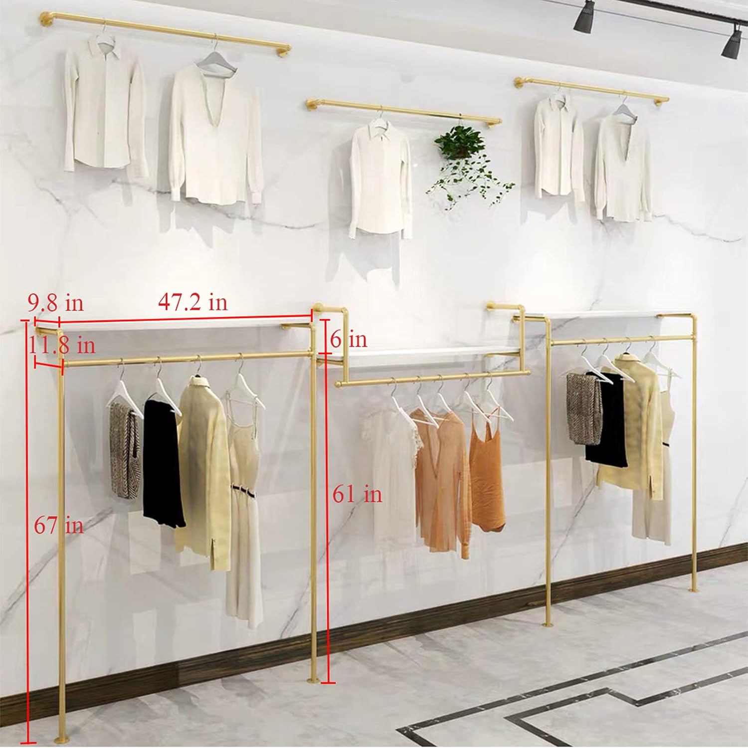Modern Simple Industrial Pipe and Wood Garment Rack,Wall Mounted Hanging Rods Clothing Rack,Retail Display Storage Clothes Hanging Shelves(Gold, 47.2' L)