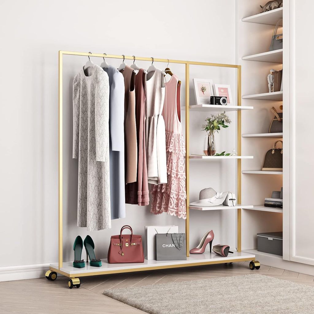 Metal Gold Clothing Rack for Boutique Use, Heavy Duty Garment Rack with Shelves for Retail Display (59L inches)