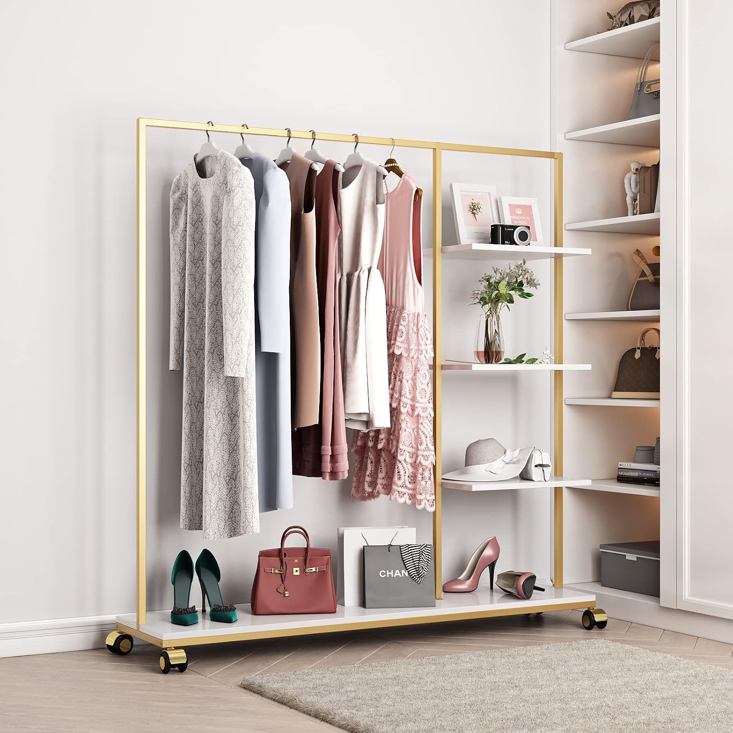 Metal Gold Clothing Rack for Boutique Use, Heavy Duty Garment Rack with Shelves for Retail Display (59L inches)