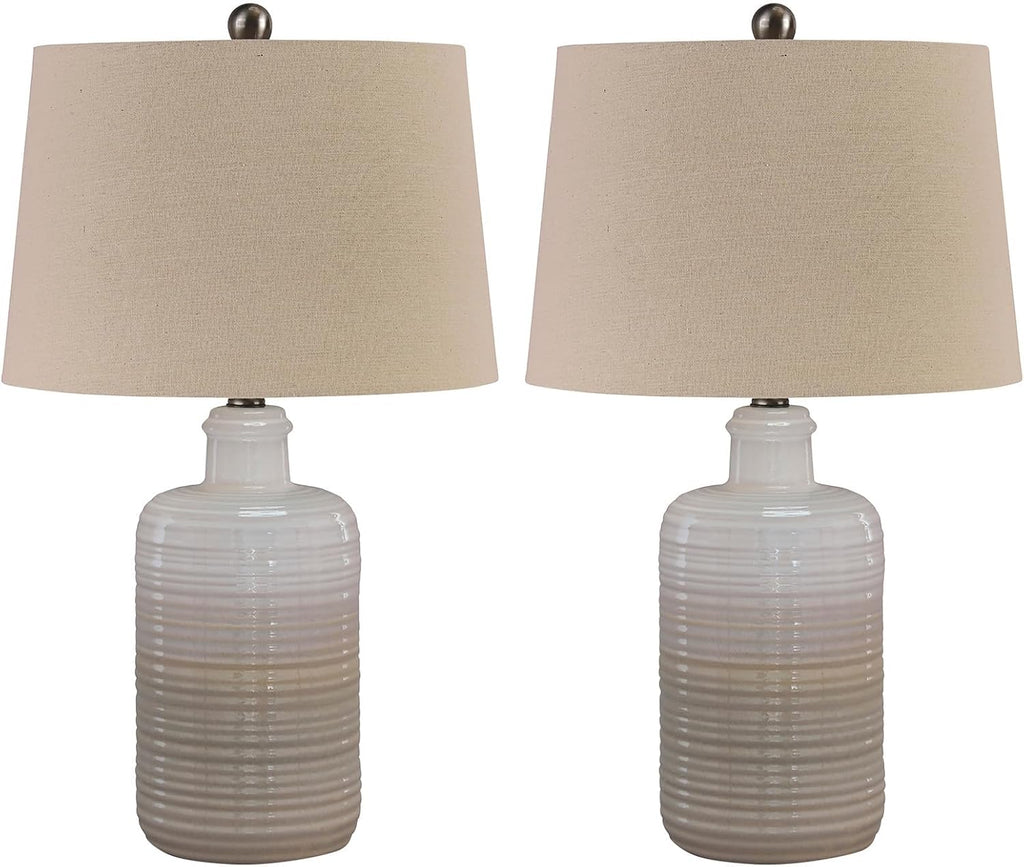 BOWERY HILL Contemporary Ceramic Table Lamps, Taupe Finish, Set of 2, 24 in Height, Drum Shade, 3-Way Switch, UL Listed Lighting for Bedroom or Living Room