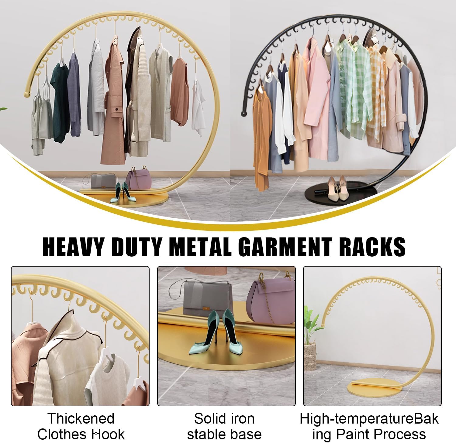 Floor Standing Metal Clothes Rack, Round Garment Rack with Stable Base, Commercial Portable Retail Display Clothing Racks, Creative Garment Rack for Hanging Clothes,Gold,Medium
