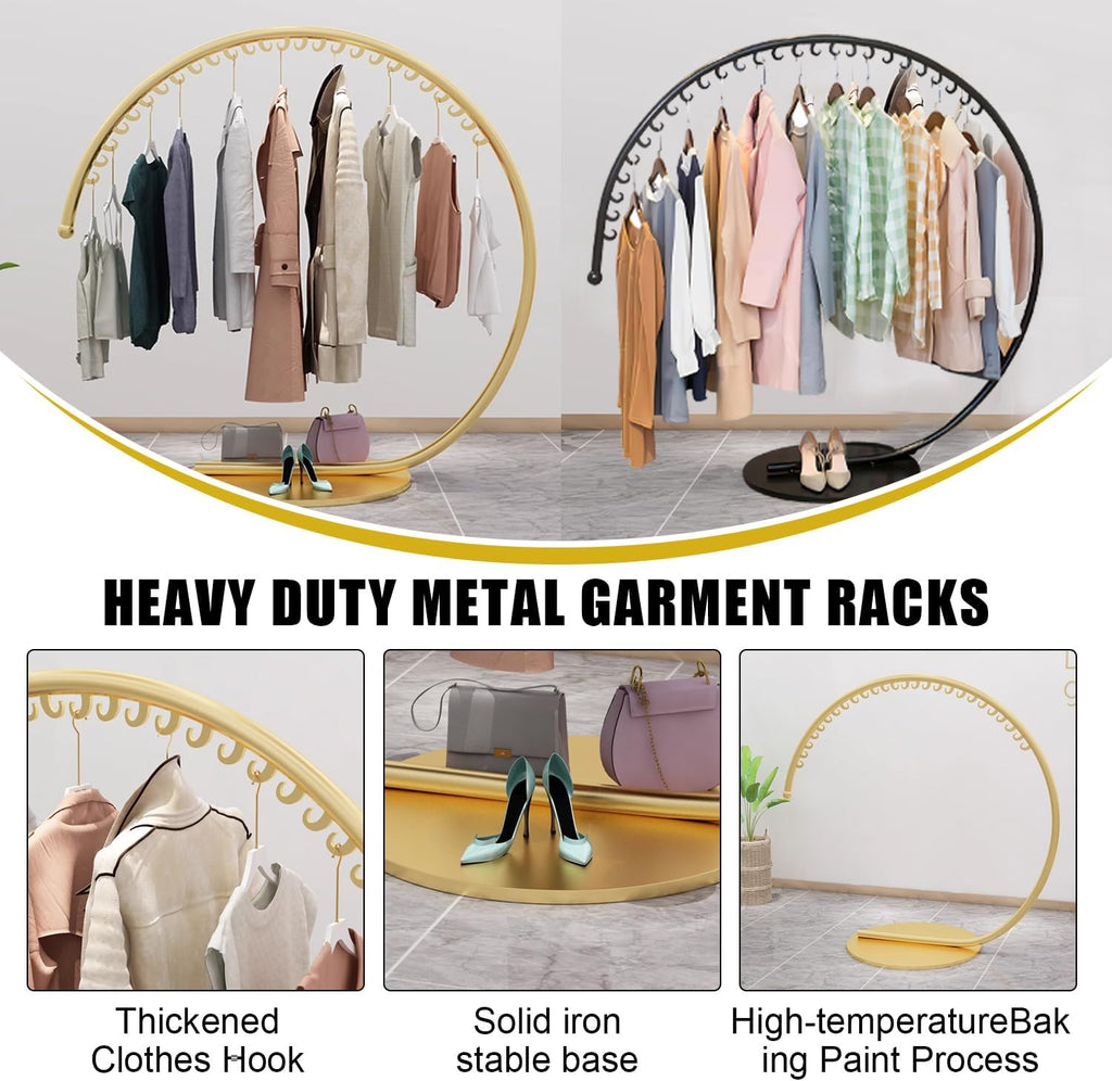 Floor Standing Metal Clothes Rack, Round Garment Rack with Stable Base, Commercial Portable Retail Display Clothing Racks, Creative Garment Rack for Hanging Clothes,Gold,Small