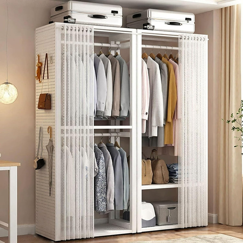Heavy Duty Clothing Rack, Metal Freestanding Closet for Hanging Clothes, Easy to Assemble Wardrobe with Curtain for Bedroom and Dormitory