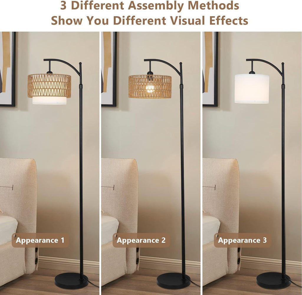 Arc Floor Lamp for Living Room with 3 Color Temperatures, Floor Lamps with Remote Dimmable Bulb, Boho Standing Lamp with Rattan Fabric Shades, Adjustable Tall Lamp for Bedroom, Office