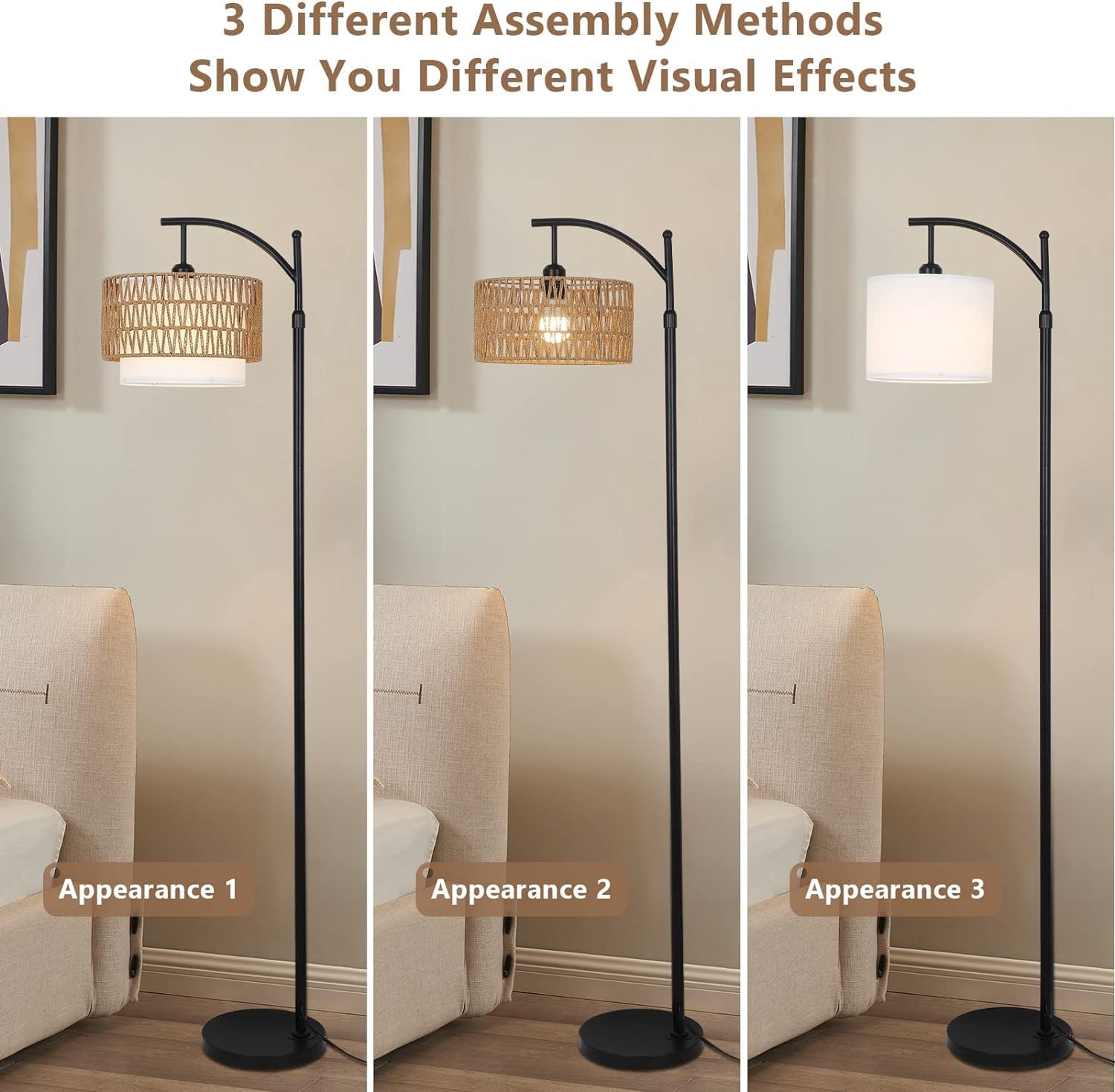 Arc Floor Lamp for Living Room with 3 Color Temperatures, Floor Lamps with Remote Dimmable Bulb, Boho Standing Lamp with Rattan Fabric Shades, Adjustable Tall Lamp for Bedroom, Office