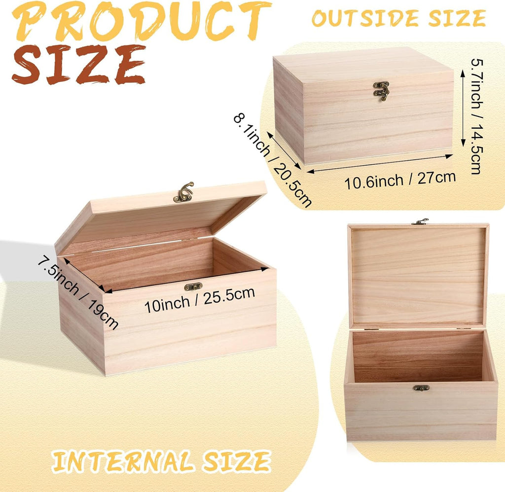 Yookeer 15 Pcs Large Unfinished Wooden Box with Hinged Lid and Front Clasp, Rectangle Unpainted Crafts DIY Wood Boxes Treasure Chest Stash Box for Art Gifts Jewelry Home Storage, 10.6x8.1x5.7 Inch