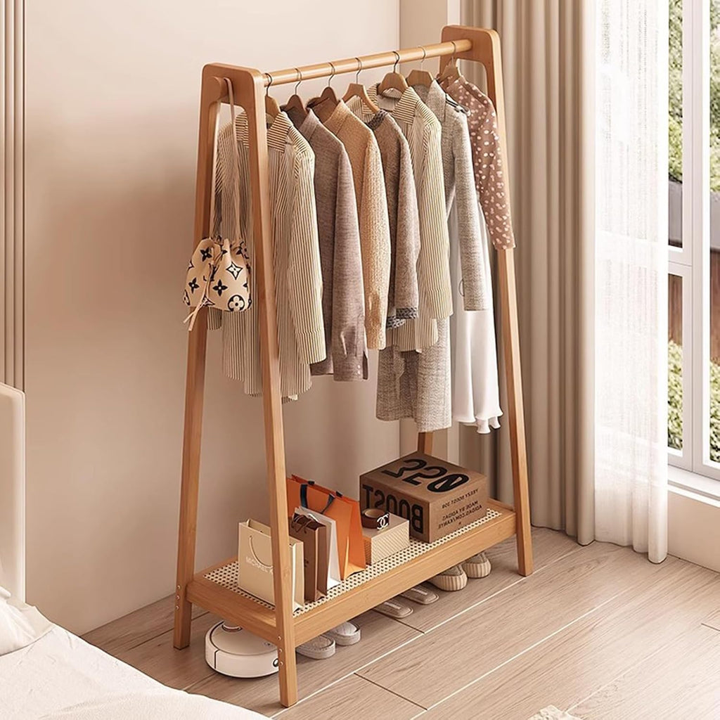 Bamboo Clothing Rack - Freestanding Garment Rack with Shelves & 2 Hooks, Large Capacity Coat Rack for Bedrooms, Easy Assembly, Stylish Wood Color (75x36x154CM)