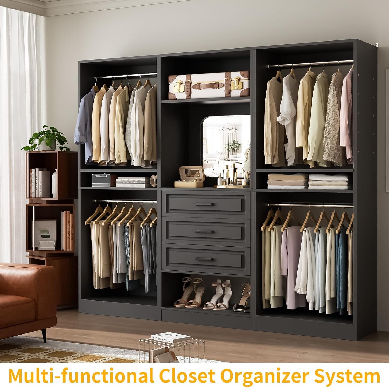 Unikito Modular Closet System with 3 Sets, 75'Closet Organizer System with Drawers, Mirror, Hanging Rods and Adjustable Shelves, Freestanding Wood Wardrobe Garment Rack, Walk in Closet Tower, Black