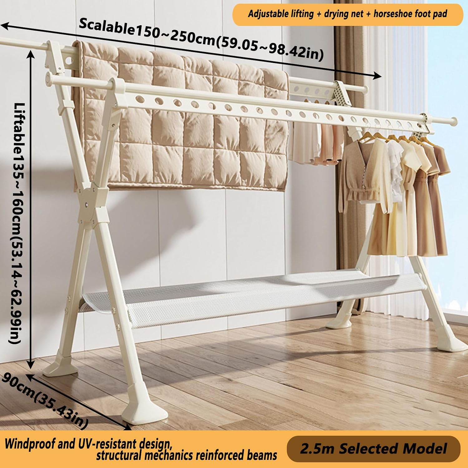 Foldable Freestanding Clothes Drying Rack, Portable and Extendable Clothing Rack with Stable Structure for Hanging Clothes