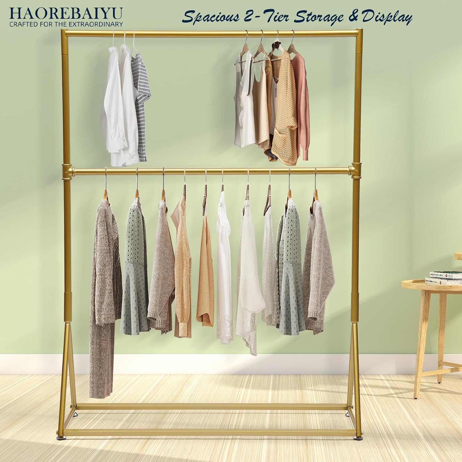 2-Tier Industrial Vintage Gold Clothes Rack, Freestanding Garment Rack with 2 Shelves, Heavy Duty Clothing Display Stand for Living Room, Bedroom, Entryway, Clothing Store (47.2x15.7x62.9 inch)