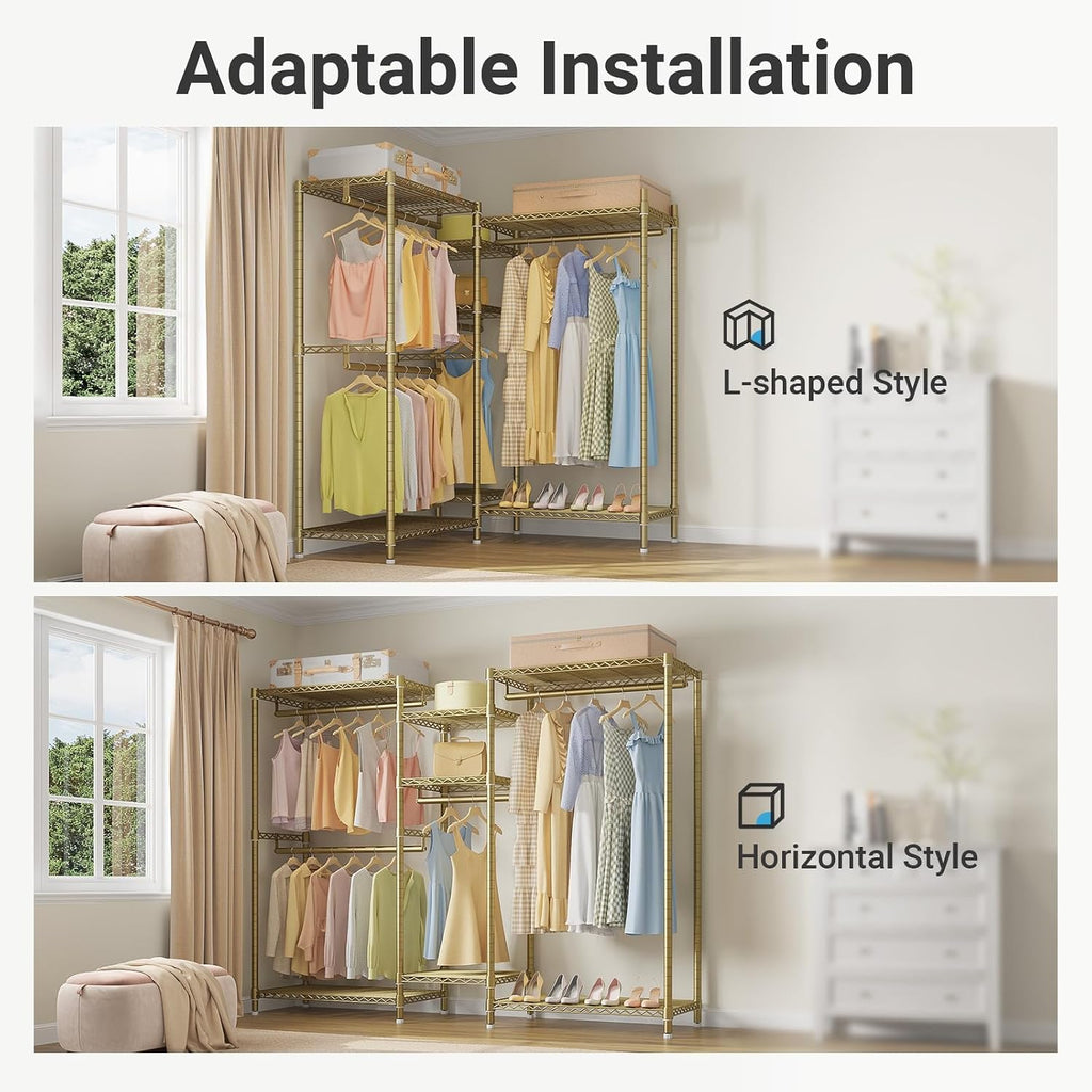 VIPEK Classic V6 Wire Garment Rack Heavy Duty Clothes Rack with 7 Adjustable Shelves & 4 Hanging Rods, Compact DIY Metal Clothing Racks 68.9' L x 15.7' W x 76.4' H, Max Load 840LBS, Gold