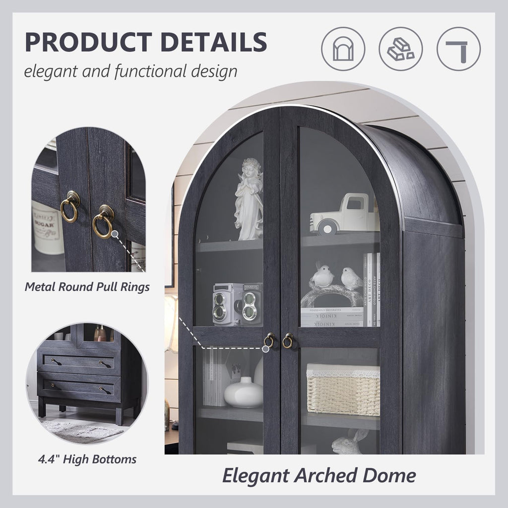 71' Tall Arched Bathroom Storage Cabinet, 4-Tier cabinet w/2 Large Drawers &Adjustable Shelves, Wooden Bathroom Floor cabinets w/Glass Doors, Modern Farmhouse Versatile Cabinets for bathroom,Dark Grey