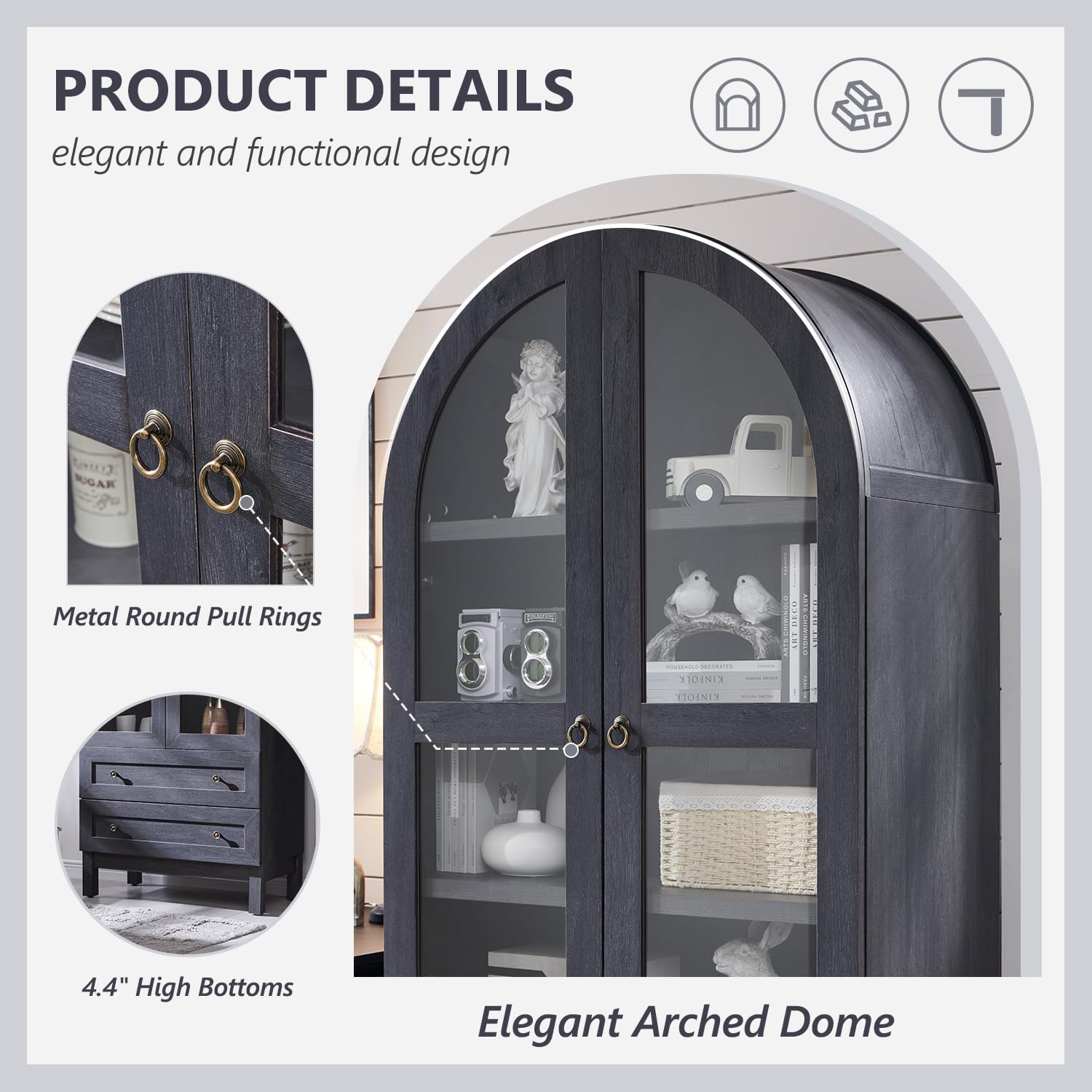 71' Tall Arched Bathroom Storage Cabinet, 4-Tier cabinet w/2 Large Drawers &Adjustable Shelves, Wooden Bathroom Floor cabinets w/Glass Doors, Modern Farmhouse Versatile Cabinets for bathroom,Dark Grey
