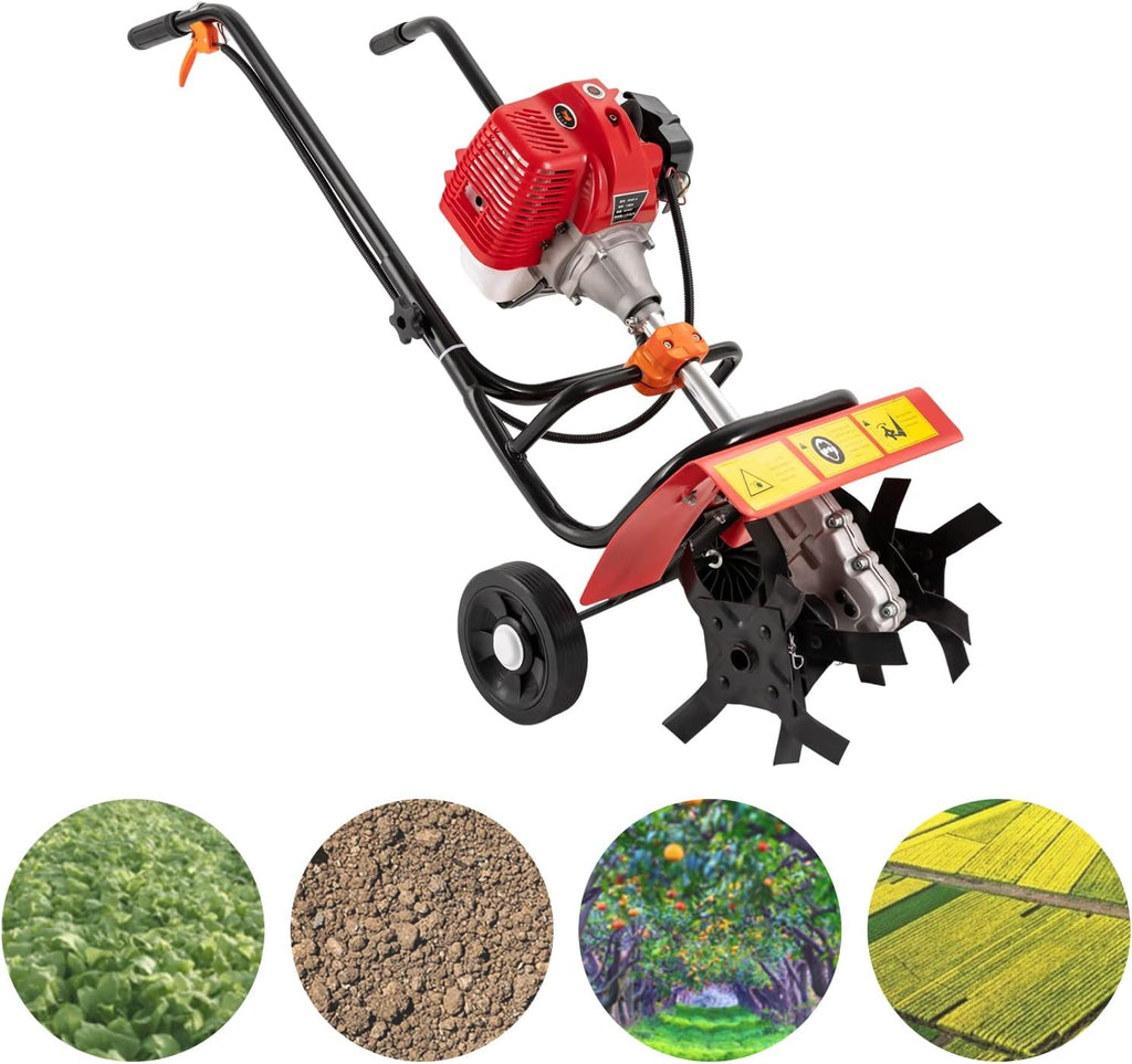 2 Stroke 52CC Gas Powered Tiller Cultivator, Hand-Pull Recoil Soil Cultivator Lawn Rotavator Farm Plant Garden Yard Tilling Tool Petrol Engine, for Field Cultivation, Greenhouse, Tobacco, Nursery
